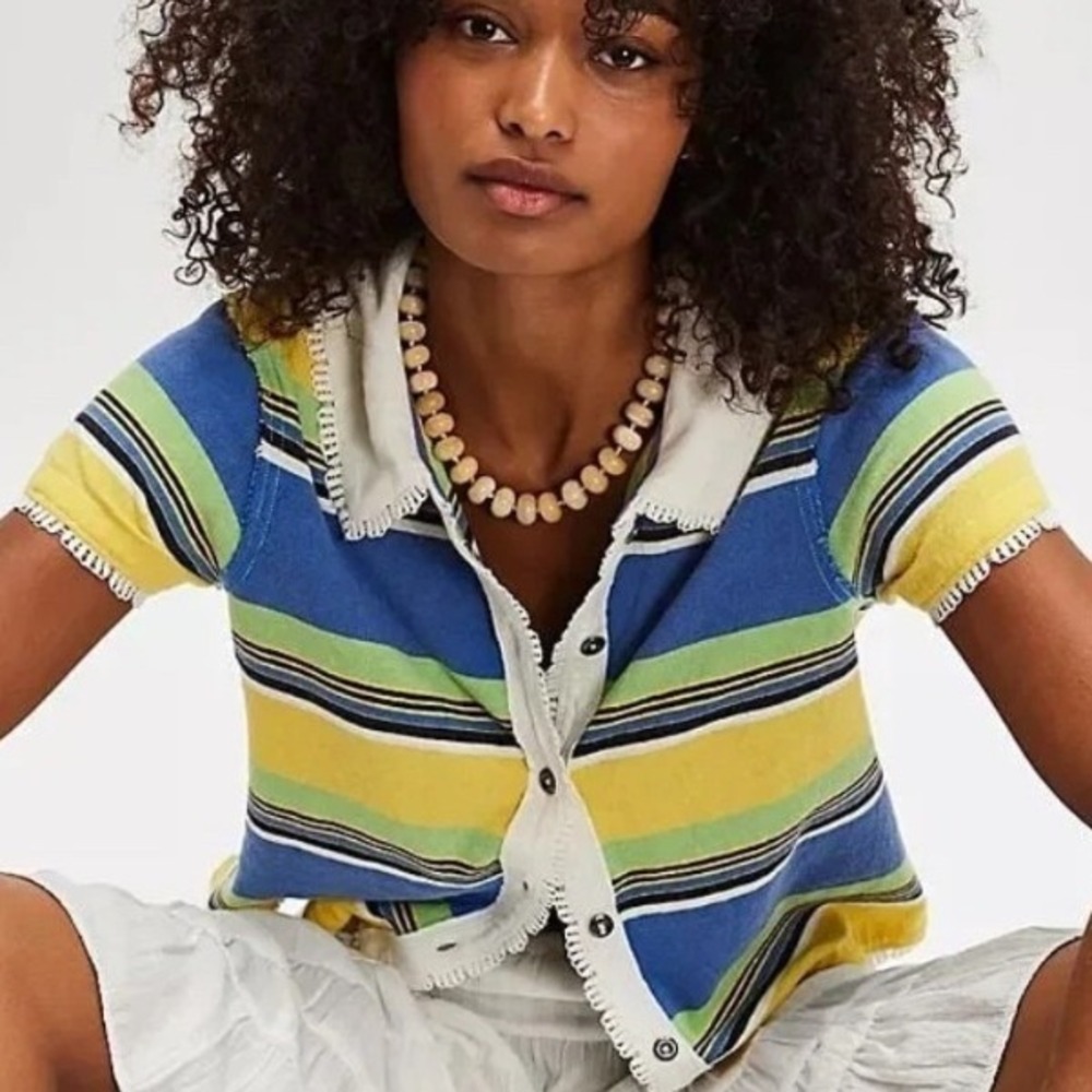 We The Free People Sallie Striped Knit Top Small Blue Yellow Green Lace Trim